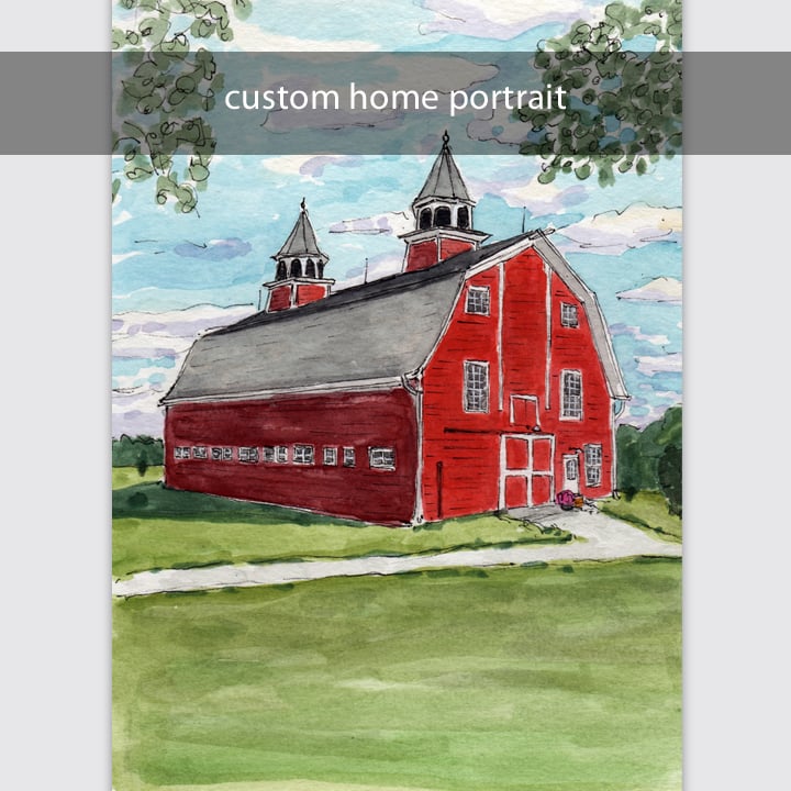 Image of custom home portrait: 5x7 or 8x10 watercolor and  ink