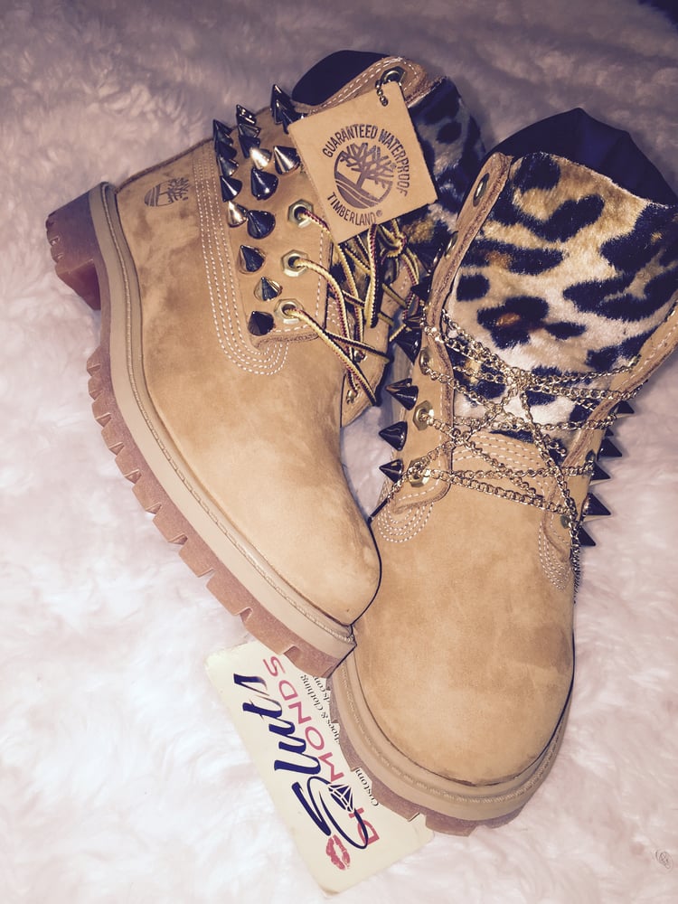 Image of Wheat Custom Spiked Leopard Timberlands