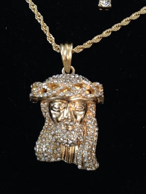 Image of Gold Bling Jesus piece and cross on rope chain