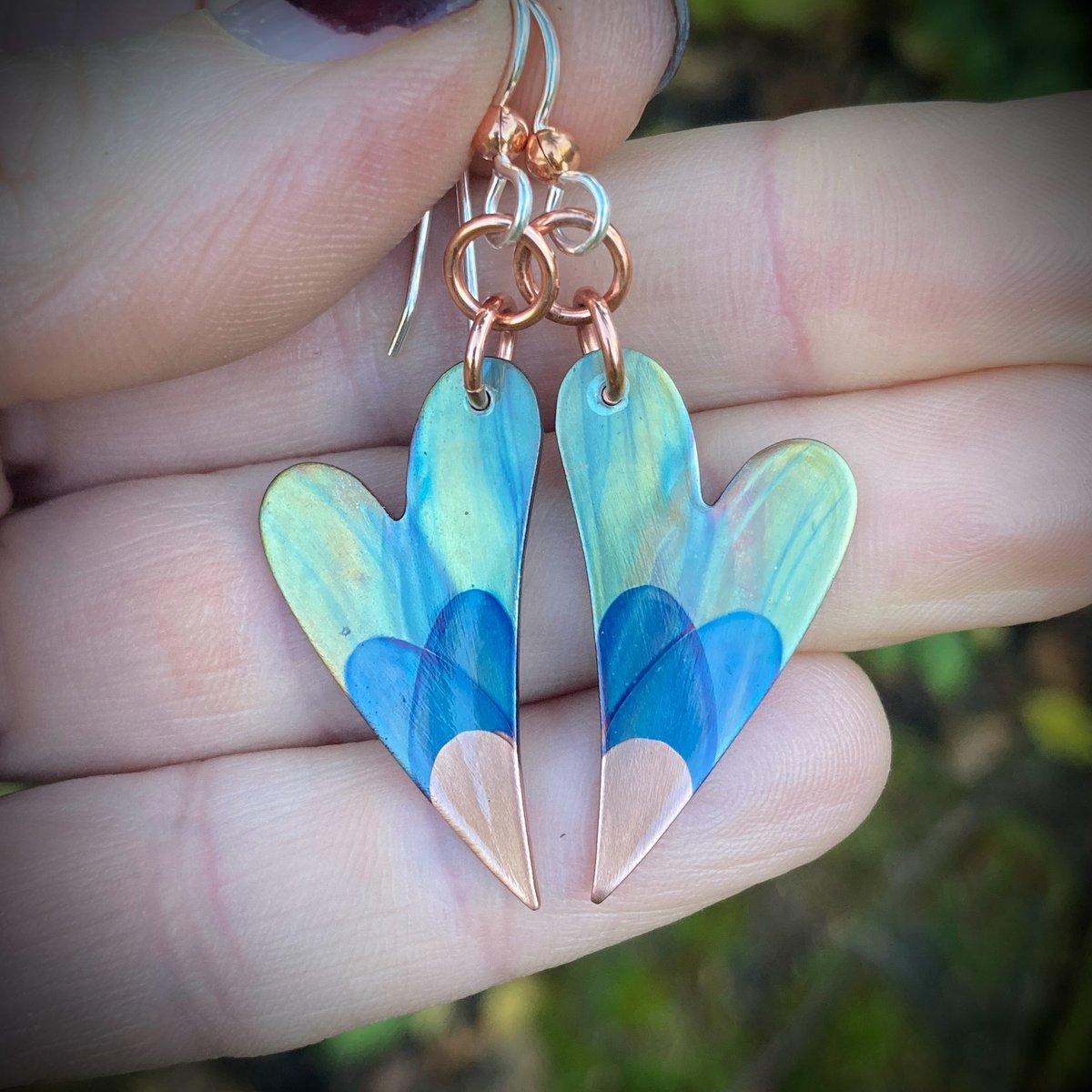 Flame Painted Copper Heart Earrings