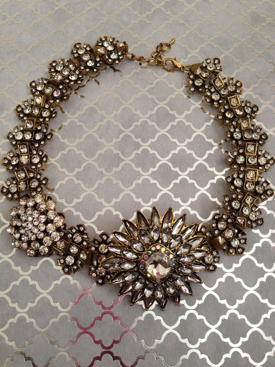 Image of Large Flower Silver Rhinestone Statement Necklace