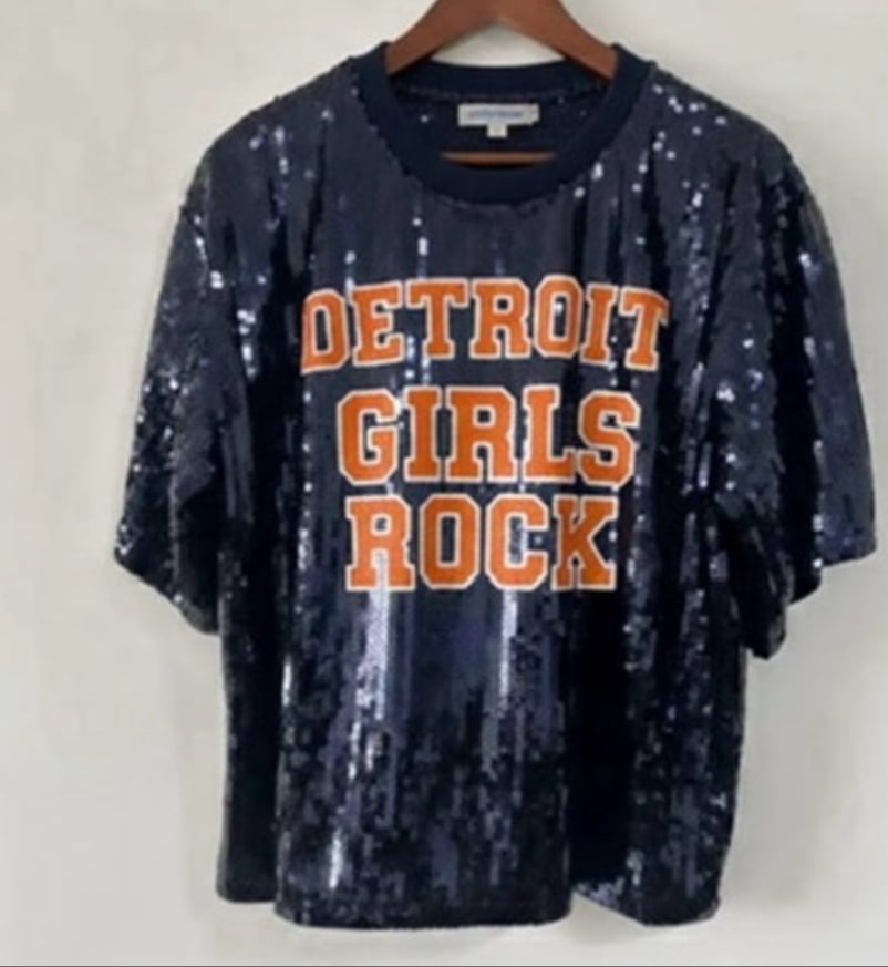 Image of Navy Sequin Jersey Cropped Shirt (one size fits most)