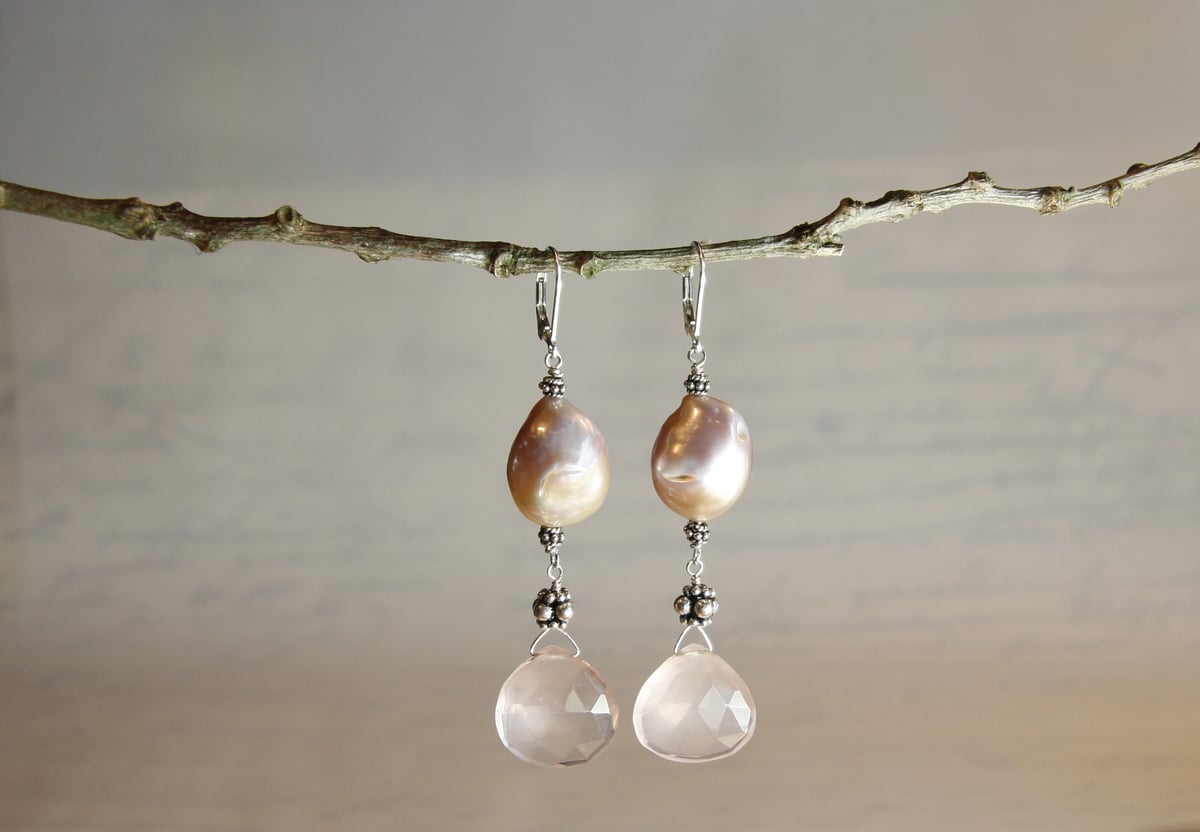 Meringue Pearl Earrings with Rose Quartz