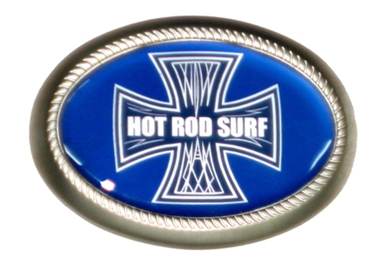 Image of Surfers Cross Pinstriping Belt Buckle ~ HOTRODSURF ~ Hot Rod Surf ® - Blue