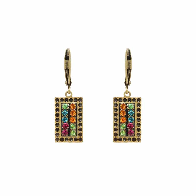 Image of Rectangle with double multicolor crystals earrings on lever back