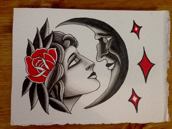 Image of Original 5"X7" Watercolor Painting of a Woman and Moon with a Rose