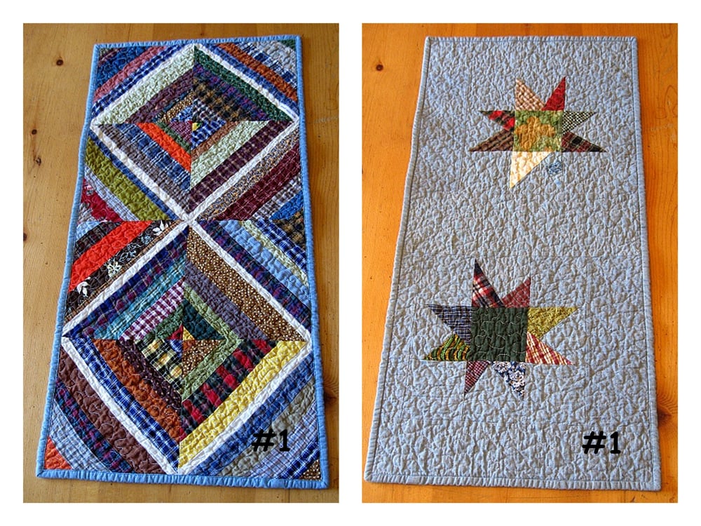 Image of table runner - 33" x 15" -  kaleidoscope design reverses to chambray with star design 