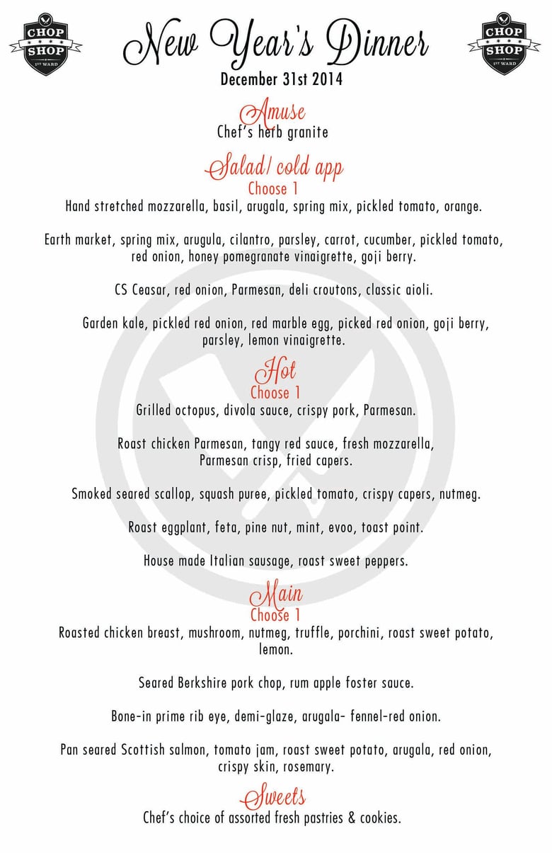 Image of Chop Shop, NYE, Four Course Dinner Service (5-9pm)