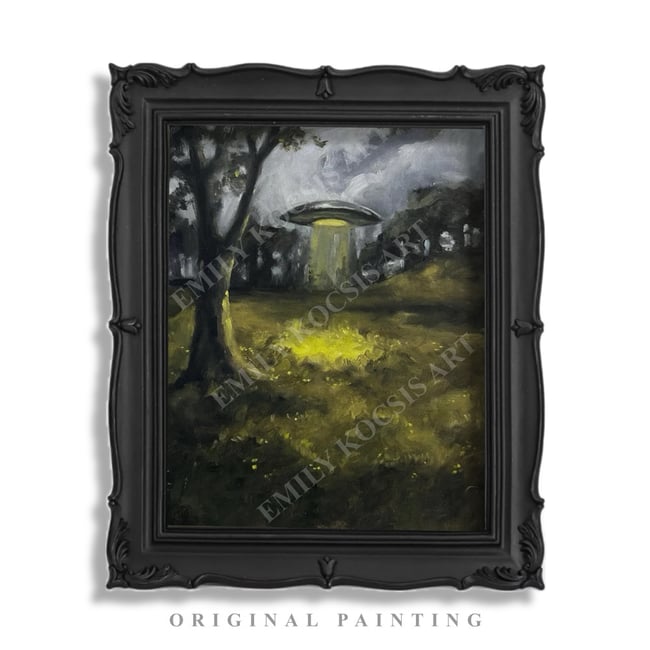 Original Oil Painting // Moody Forest Chrome UFO Scene Choose Framed or Unframed