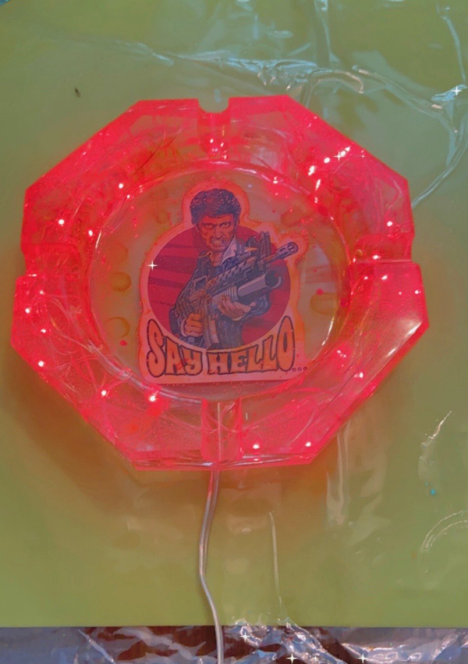 Image of Decorated Scarface ashtray /Jewelry holder with red led lights