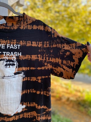 Image of MEDIUM Live Fast Eat Trash Raccoon Bleach Dye Shirt 1