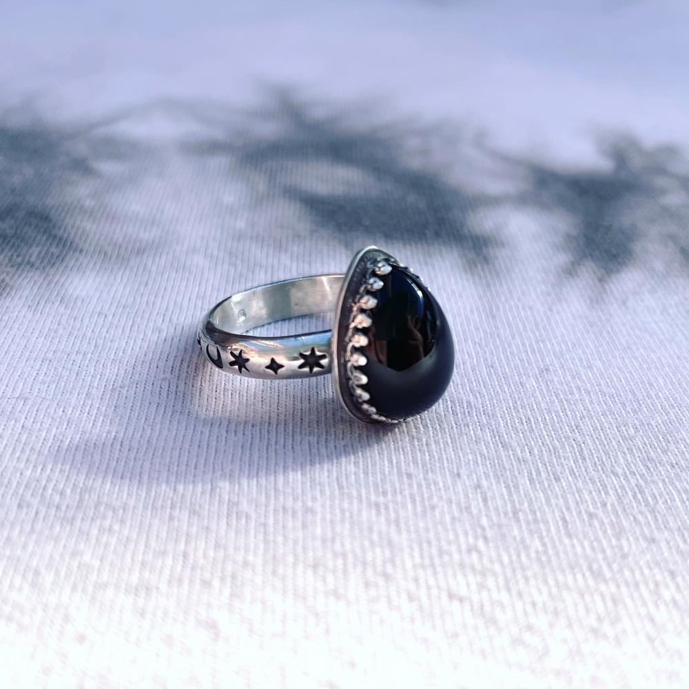 Sterling Silver Handmade Black Onyx Ring Celestial Stamping Stars And Moons