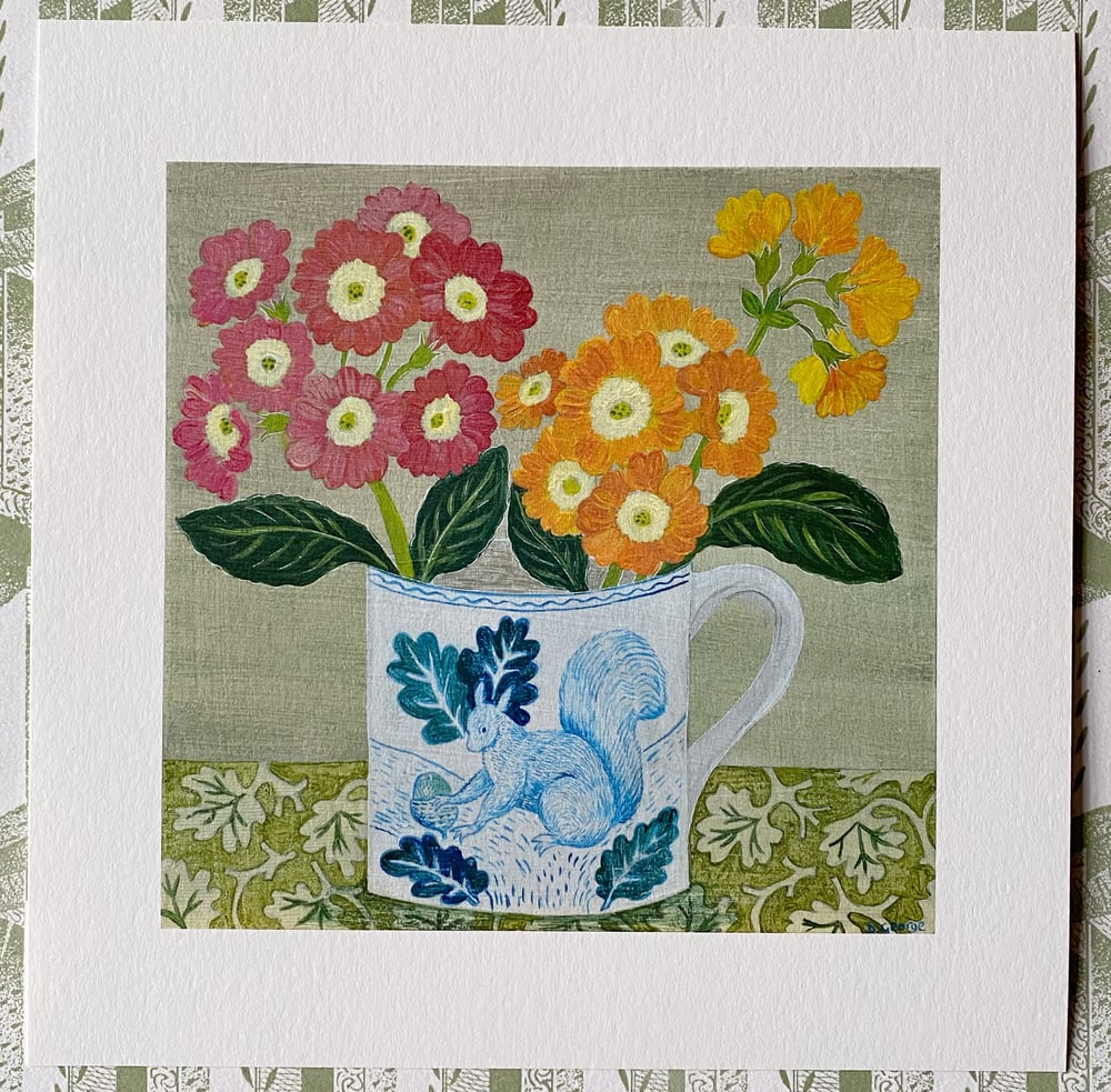 Image of Squirrel cup and Auriculas Giclée print