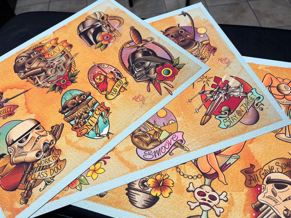 Image of 3 Sheet Star Wars Inspired Traditional Tattoo Flash Sheet: SW1-3 11x14 Save $10