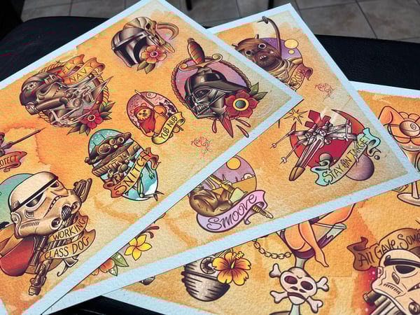 Image of 3 Sheet Star Wars Inspired Traditional Tattoo Flash Sheet: SW1-3 11x14 Save $20
