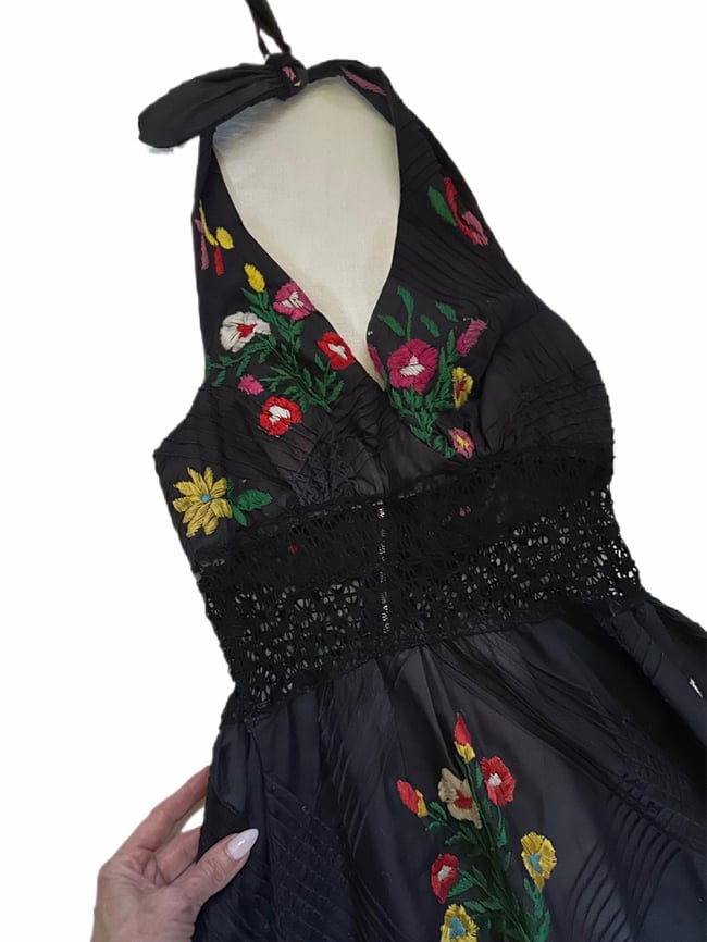 1970s cotton hand embroidered black halter maxi dress sundress mexican pintuck