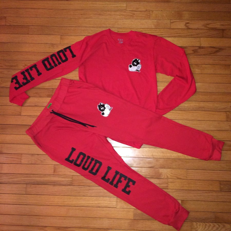 Image of Red/black Loudlife Louie "Patchwork" Tee & Jogger set