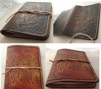 Image 1 of Custom Hand Tooled Leather Notepad, day planner, notebook cover. Refillable. Your image or idea.
