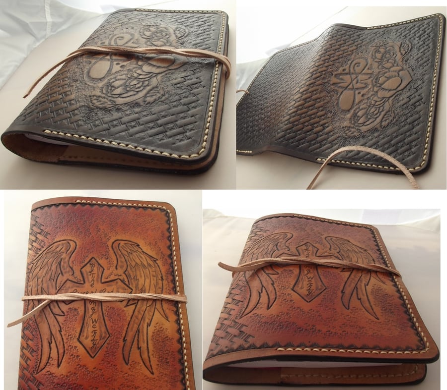 Image of Custom Hand Tooled Leather Notepad, day planner, notebook cover. Refillable. Your image or idea.