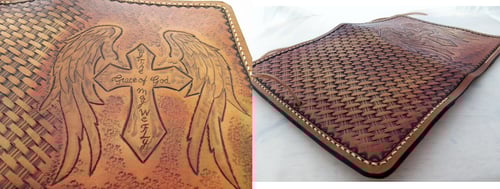 Image of Custom Hand Tooled Leather Notepad, day planner, notebook cover. Refillable. Your image or idea.