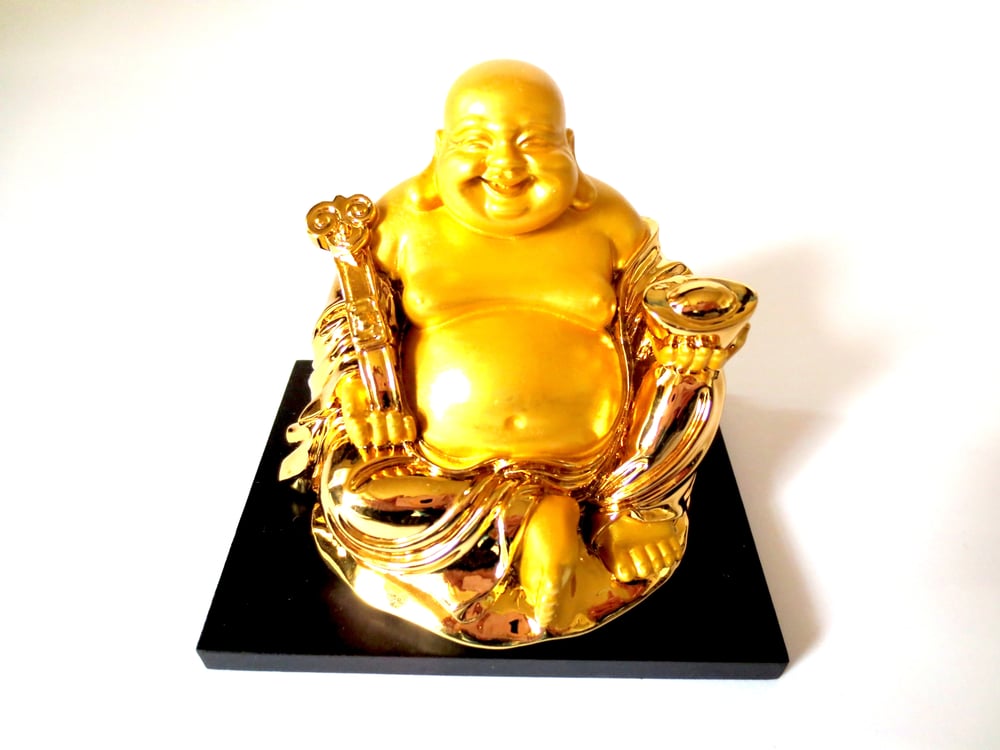Image of Laughing Buddha Sitting Holding Ruyi and Gold Ingot