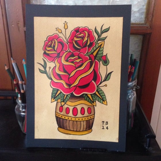 Image of Traditional Vase Tattoo Flash Style Original Watercolour