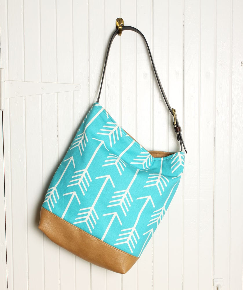 Image of Shoulder Bag Tote in Teal Blue and White Arrow with Vegan Leather Vinyl