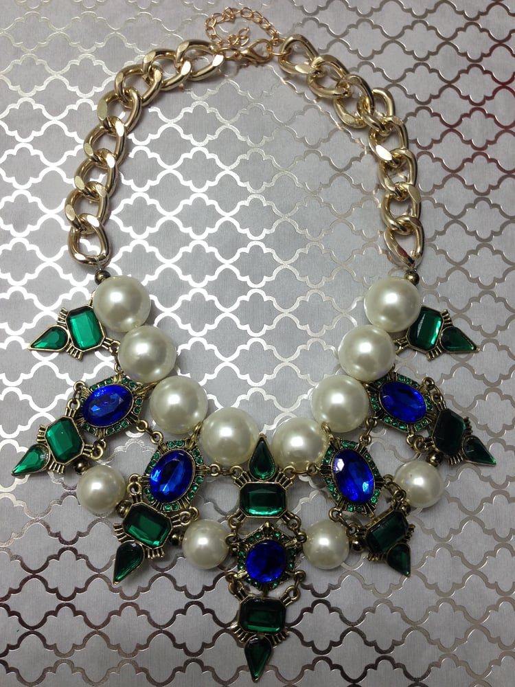 Image of Blue + Green + Pearl Rhinestone Statement Necklace