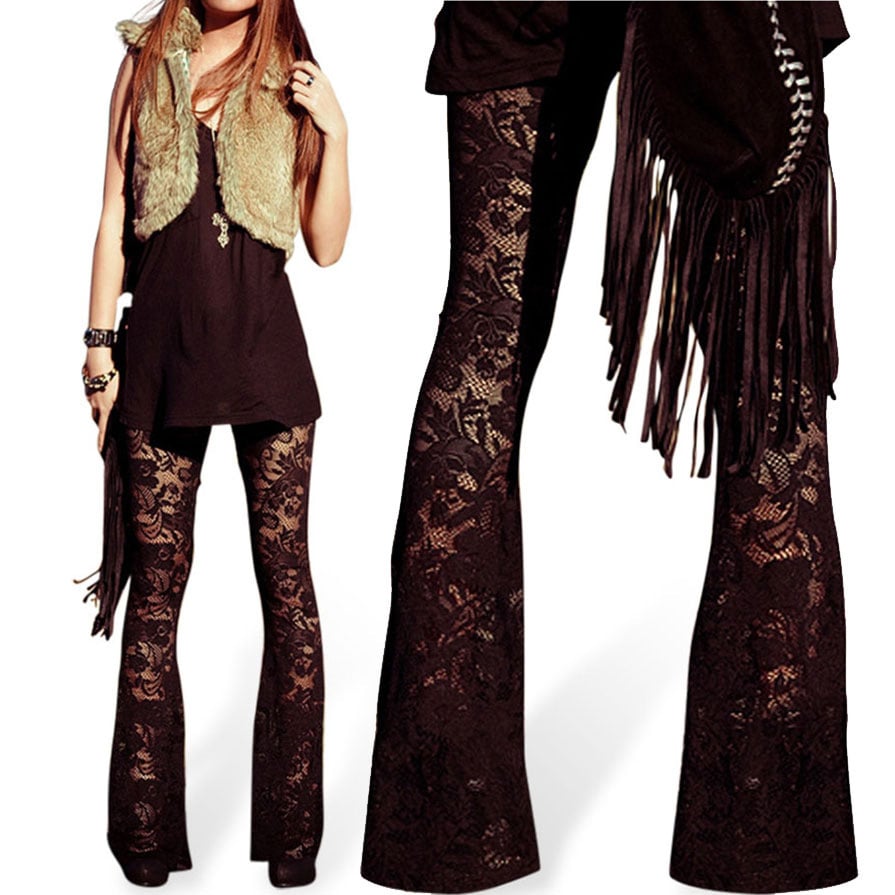 Image of Mid Waist Solid Black Lace Bell Leggings    