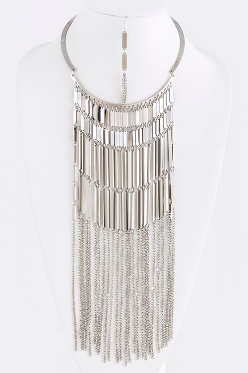 Long Silver Chain Fringe Bib Necklace Set
