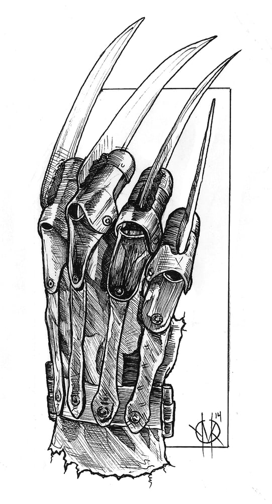 Original FREDDY KRUEGER GLOVE Pen and Ink. 4"x7.5" | Jason V Tattoo