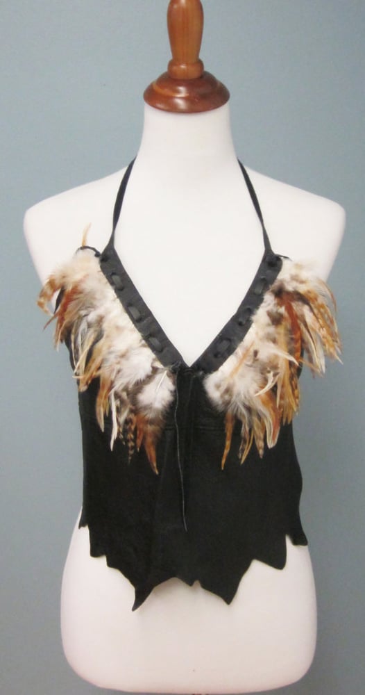 Image of Leather Hippie Chick Halter Top With Feather Trim