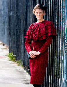 Image of Long Sleeve 80's Red Silk Dress With Built In Cape <del> 150.00 </del>