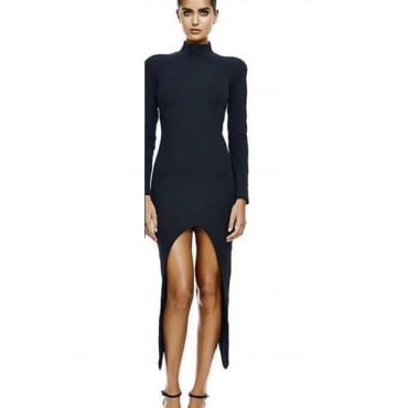 Image of Turtleneck Long Sleeves Asymmetrical Black Ankle Length Woman Dress