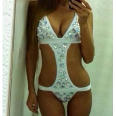 Image of Halter V Neck Rhinestones Embellished Solid White One-piece Bikini Swimwear