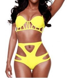 Image of High Waisted Cut-out Hollow-out Solid Yellow Two-piece Steel-boned Bikini