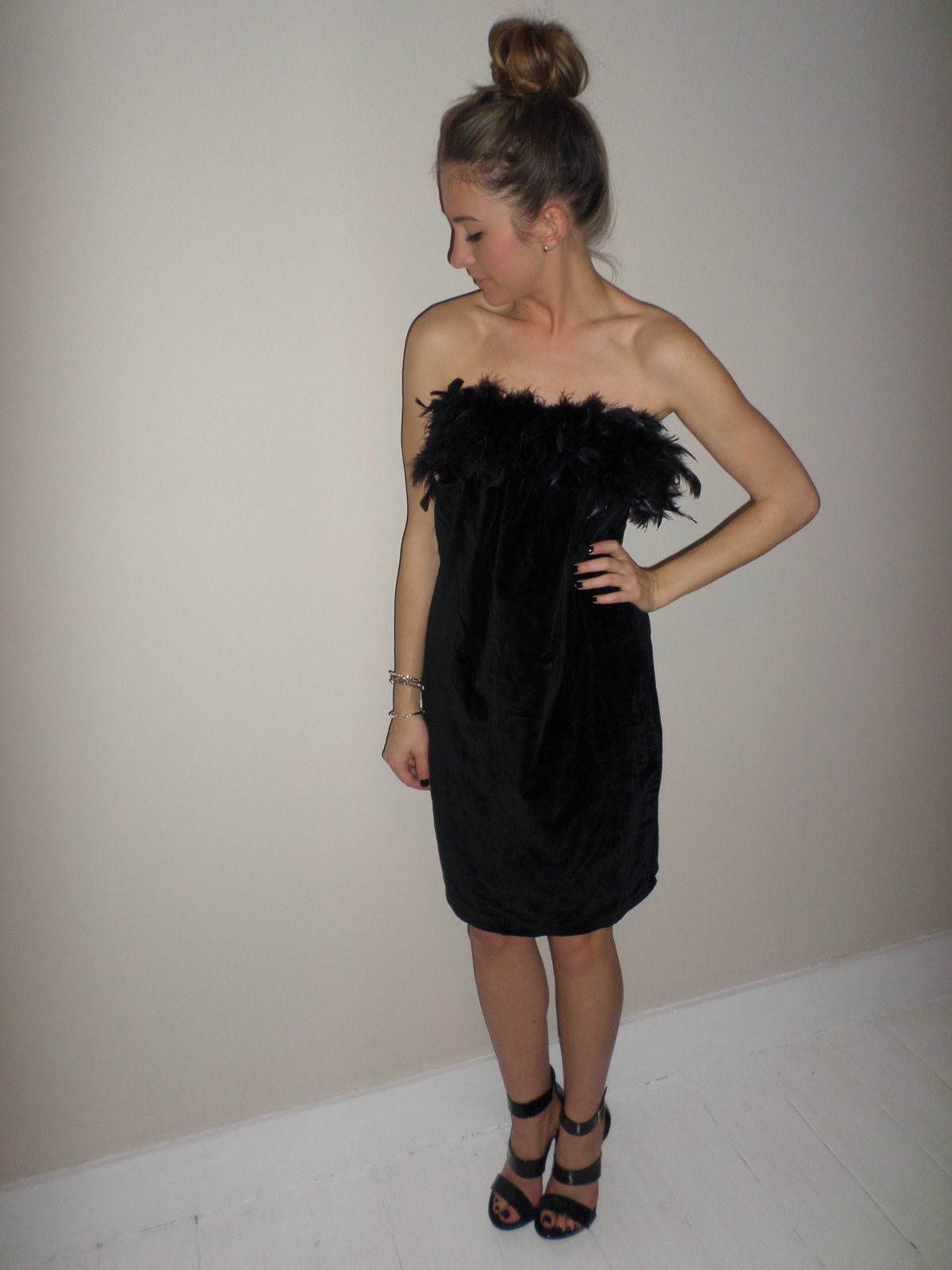 black strapless feather dress