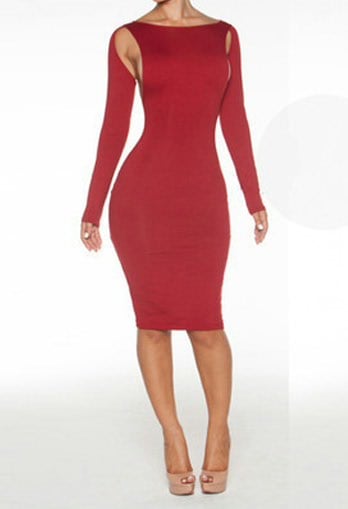 Image of Three Quarter Sleeves Side Boob Solid Red Polyester Sheath Knee Length Dress