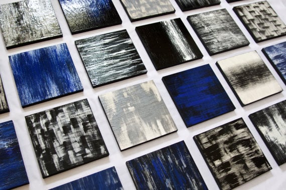 Image of 'POETIC BLOCKS' | Black, white & blue | Painted Wood Abstract Wood Blocks | Modern Art