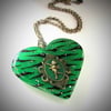 Green Zebra Cameo Resin Heart Pendant - ON SALE - WAS £15 NOW £10