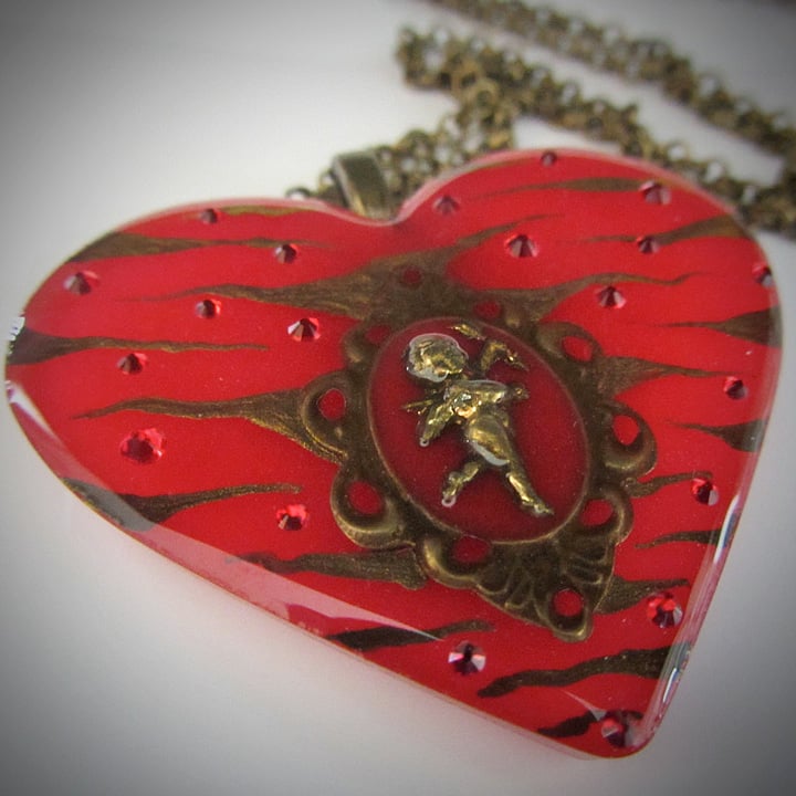 Red Zebra Cameo Resin Heart Pendant - ON SALE - WAS £15 NOW £10