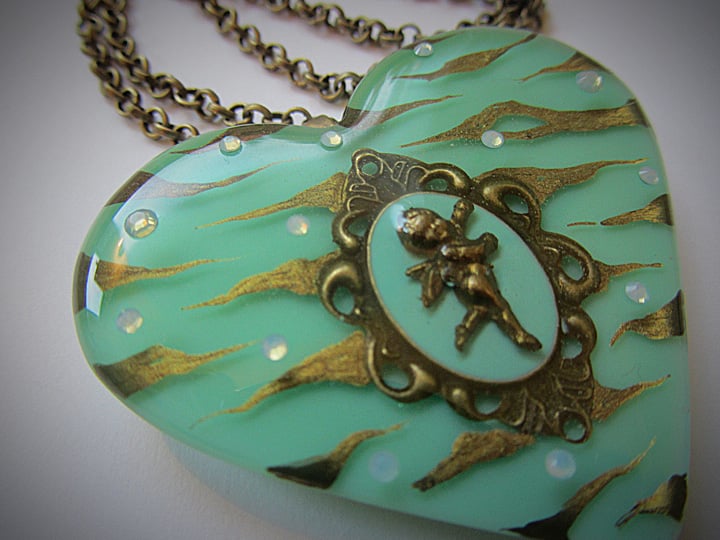Mint Zebra Cameo Resin Heart Pendant ON SALE - WAS £15 NOW £10