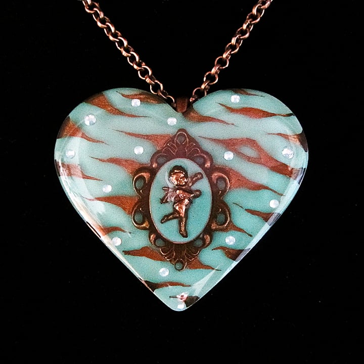 Mint Zebra Cameo Resin Heart Pendant ON SALE - WAS £15 NOW £10