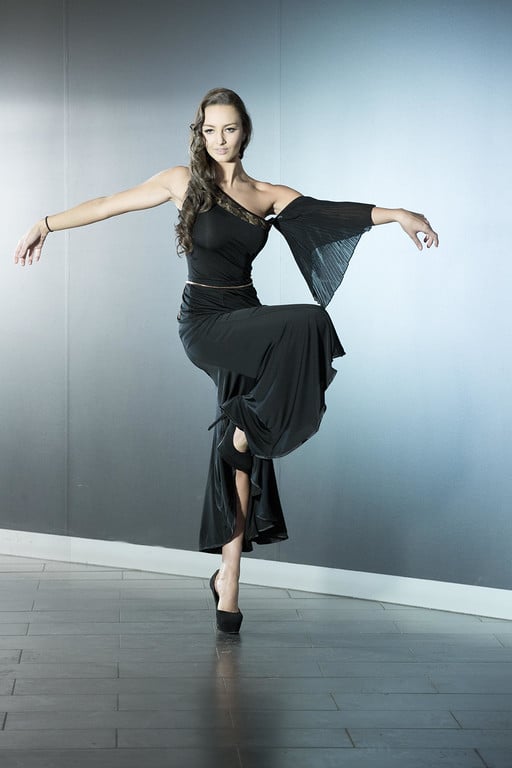 Image of Asymmetric Pleat Sleeve Top (E1291) Dancewear latin ballroom