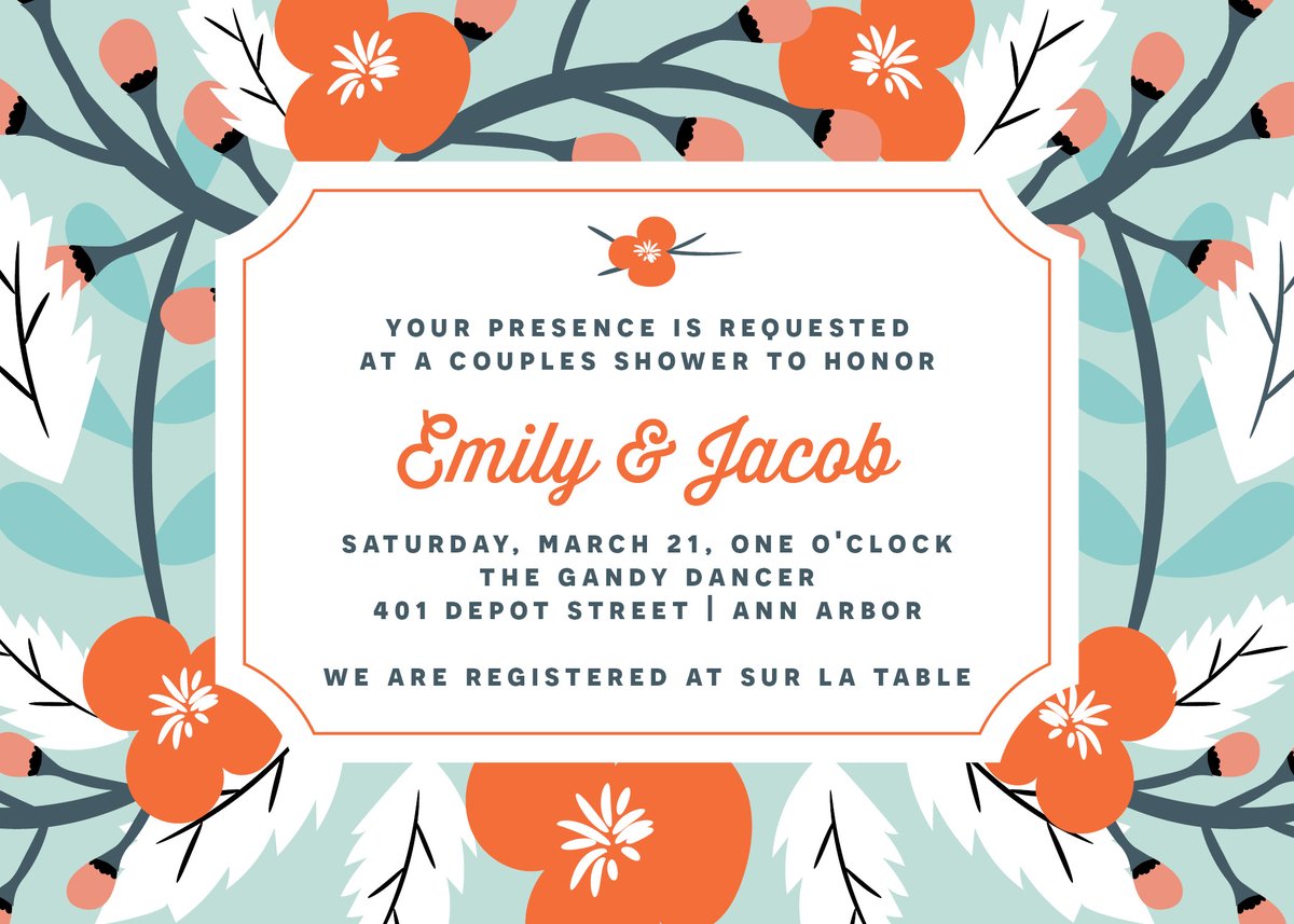 Blue and Coral Flowers Shower Invitation