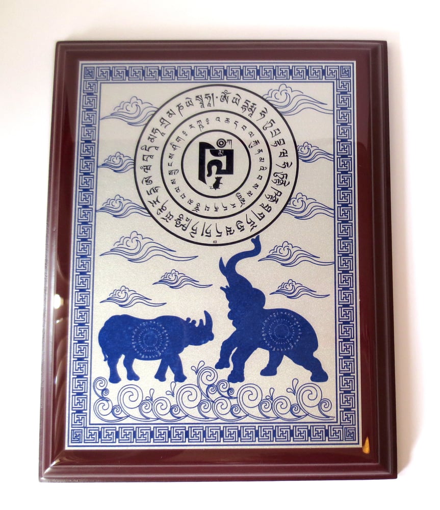 Image of Blue Rhinoceros and Elephant with mantra and auspicious clouds