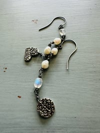 Image 1 of sterling silver pearl and rainbow moonstone charm earrings