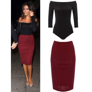 Image of Bateau Neck Off The Shoulder Long Sleeves Polyester Two-piece Sheath Knee Length Skirt Set