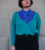 Image of green sweater with lilac collar 100% wool