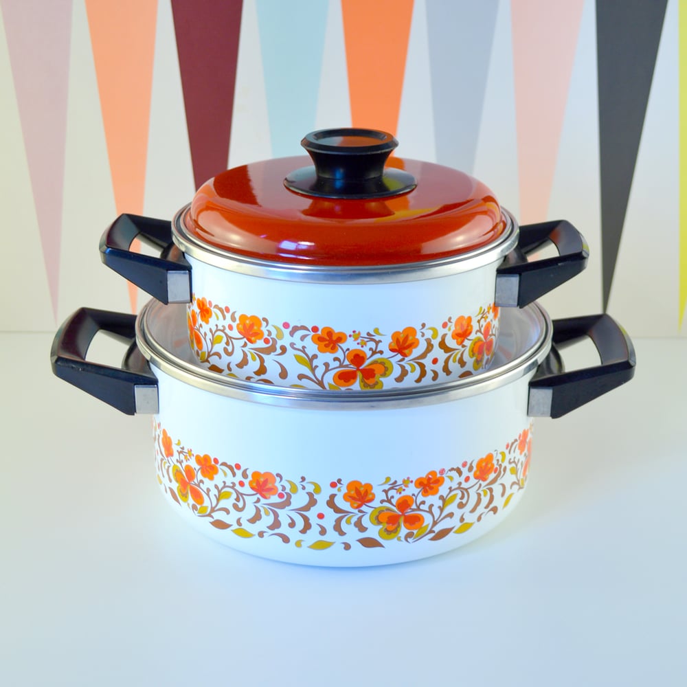 Image of Pair of Orange Enamel Saucepans